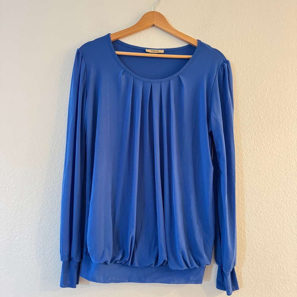 Timeson Pleated Front Blouse Long Sleeve Mesh Top Size Medium Blue Excellent